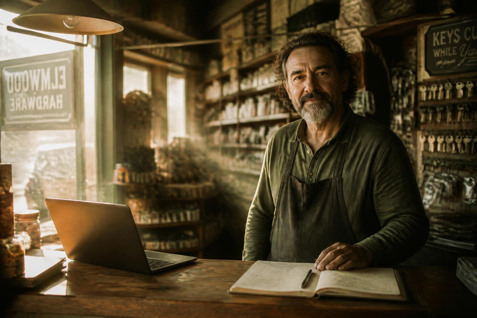 A local hardware store owner at his counter with a laptop and ledger in warm golden light